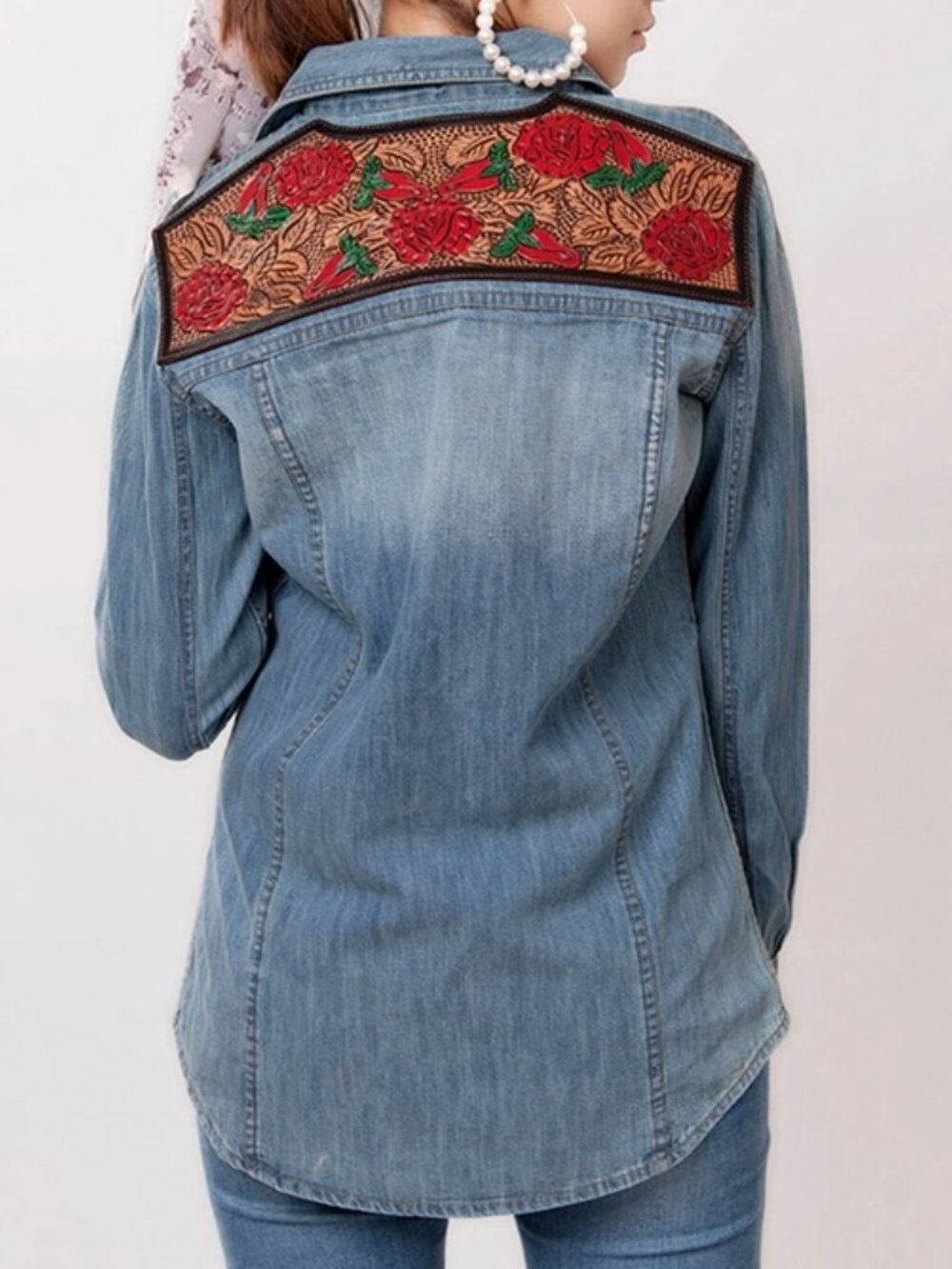Western Denim Shirt with Hand-Tooled Red Rose Leather Yoke Large - Picture 1 of 6